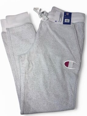 Sizes S, M, 2XL Champion Women’s Light Heather Gray Joggers with Red Logo Accent